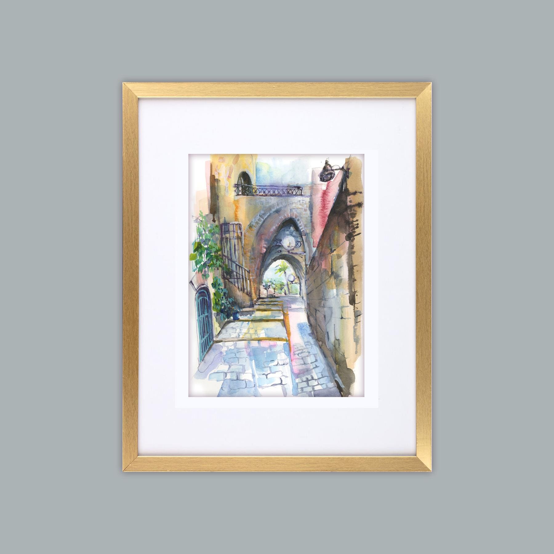 Old Jaffa Watercolor Print: Signed Jewish Art, Israel, Not Framed