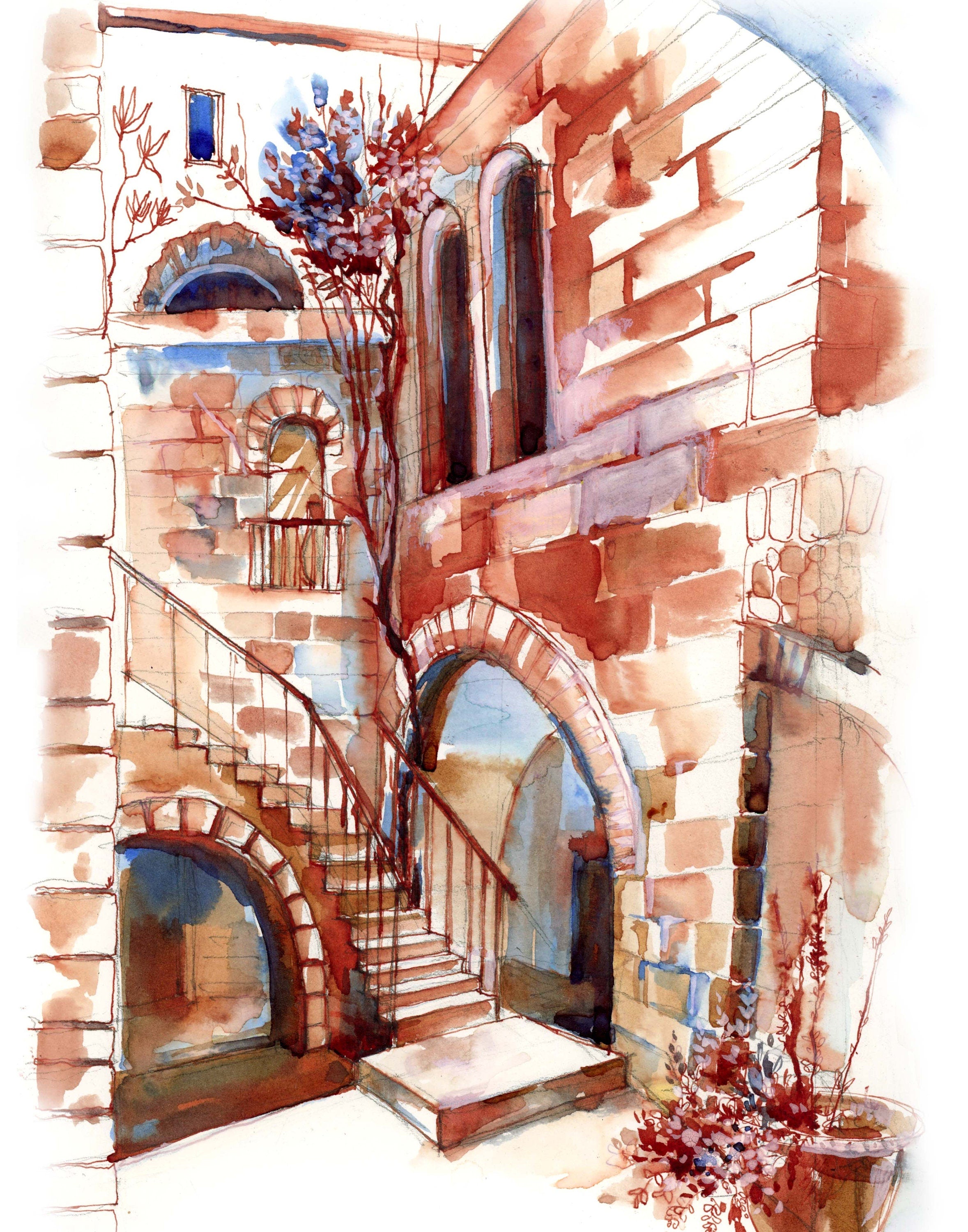 Jerusalem, Corner in the Old City, Jewish Art, Watercolor Print