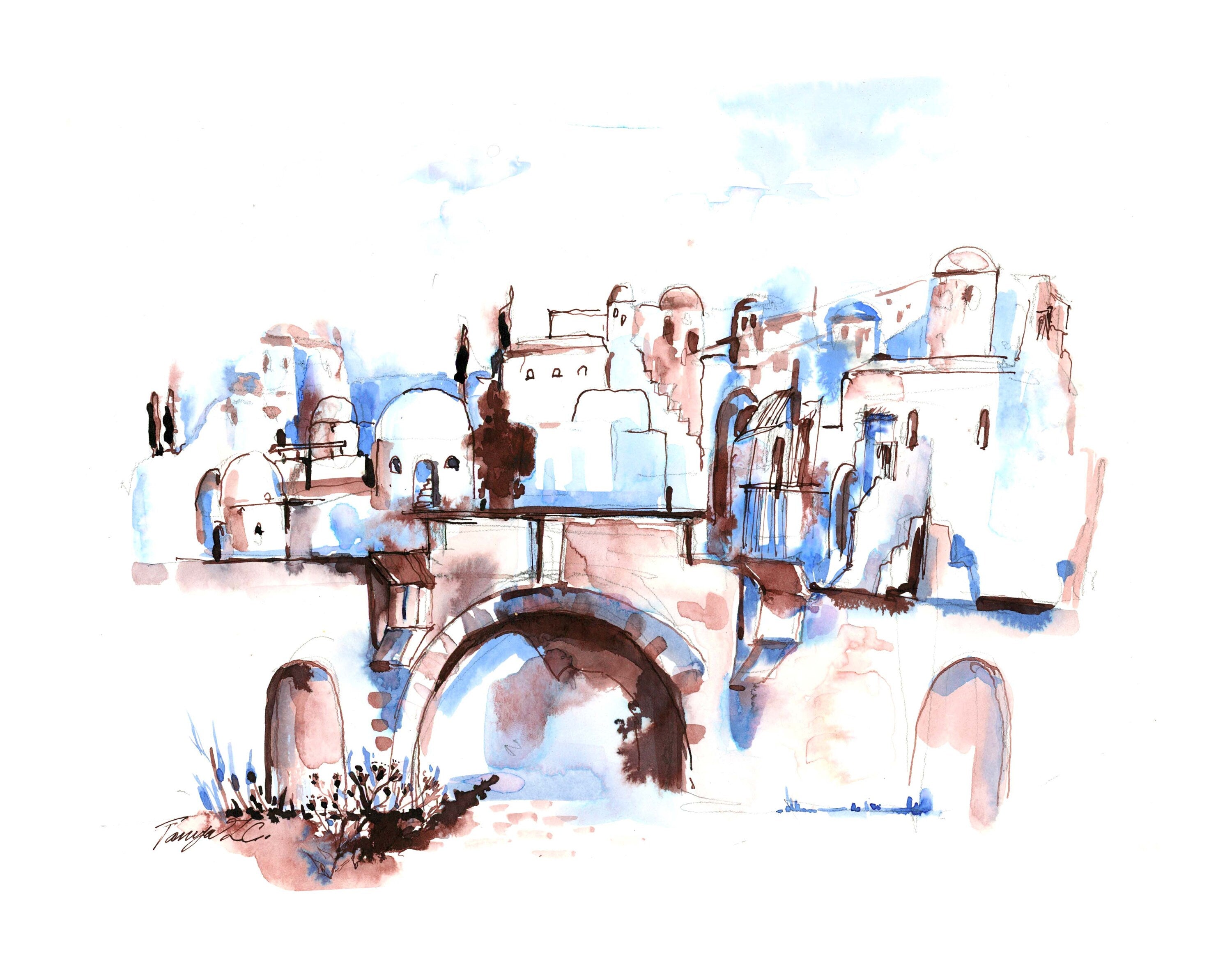 Old City Gates, Jerusalem, Jewish Art, Watercolor Inks Print