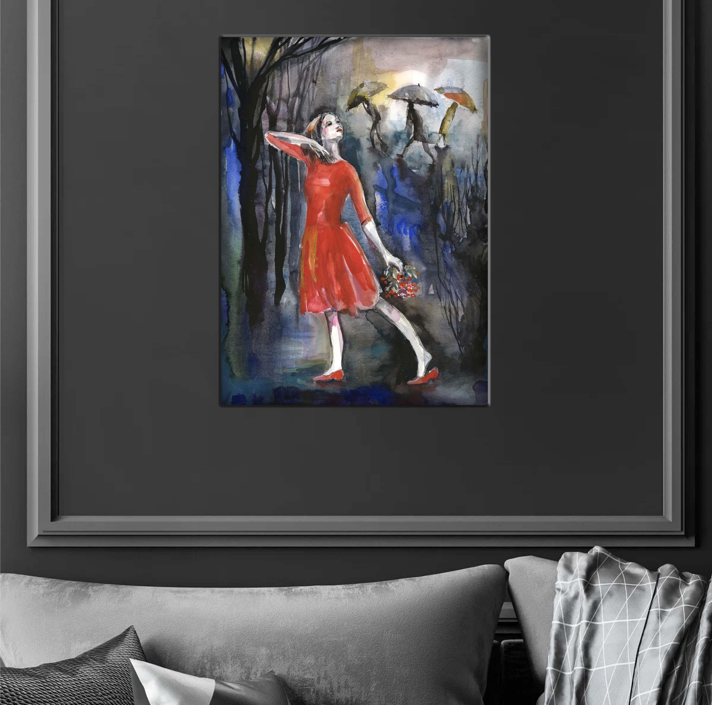 Dancing in the Rain, Watercolor Art Print, Signed Giclee