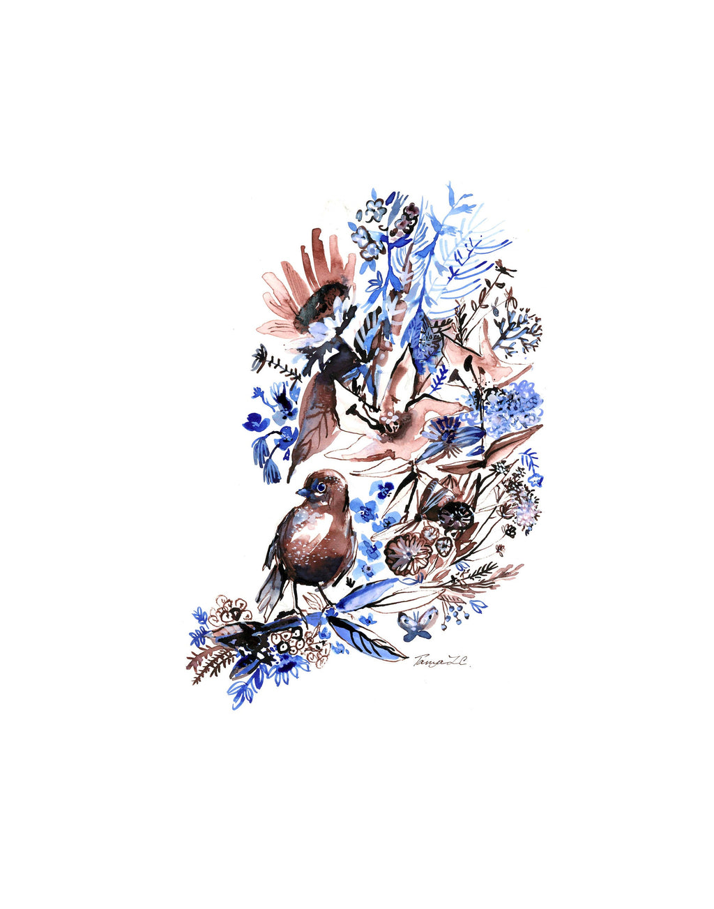 Watercolor Bird Print: Blue Floral Ink Giclee Art
