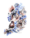 Watercolor Bird Print: Blue Floral Ink Giclee Art