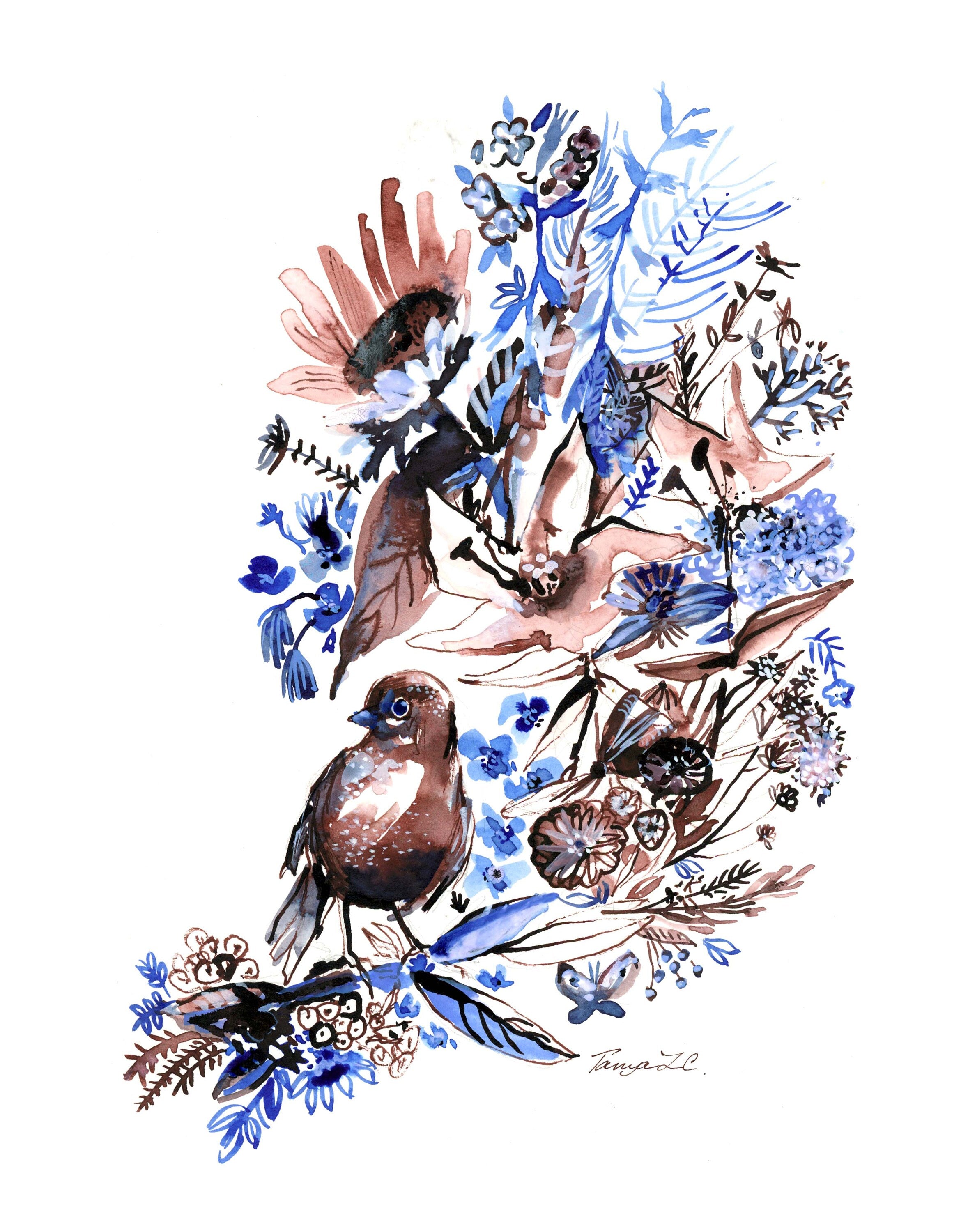 Watercolor Bird Print: Blue Floral Ink Giclee Art