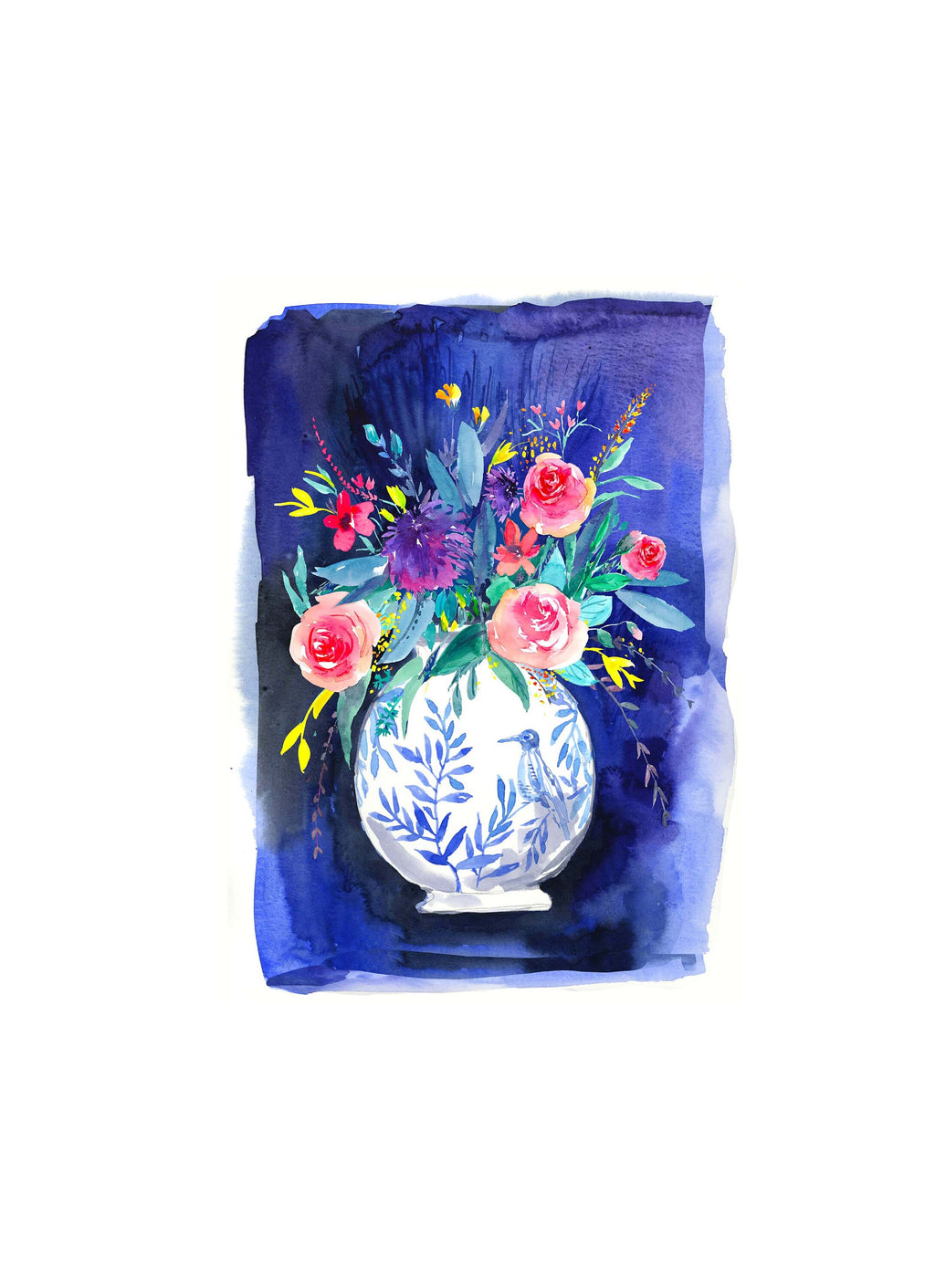 Floral Watercolor Art Print: Roses in Blue Vase