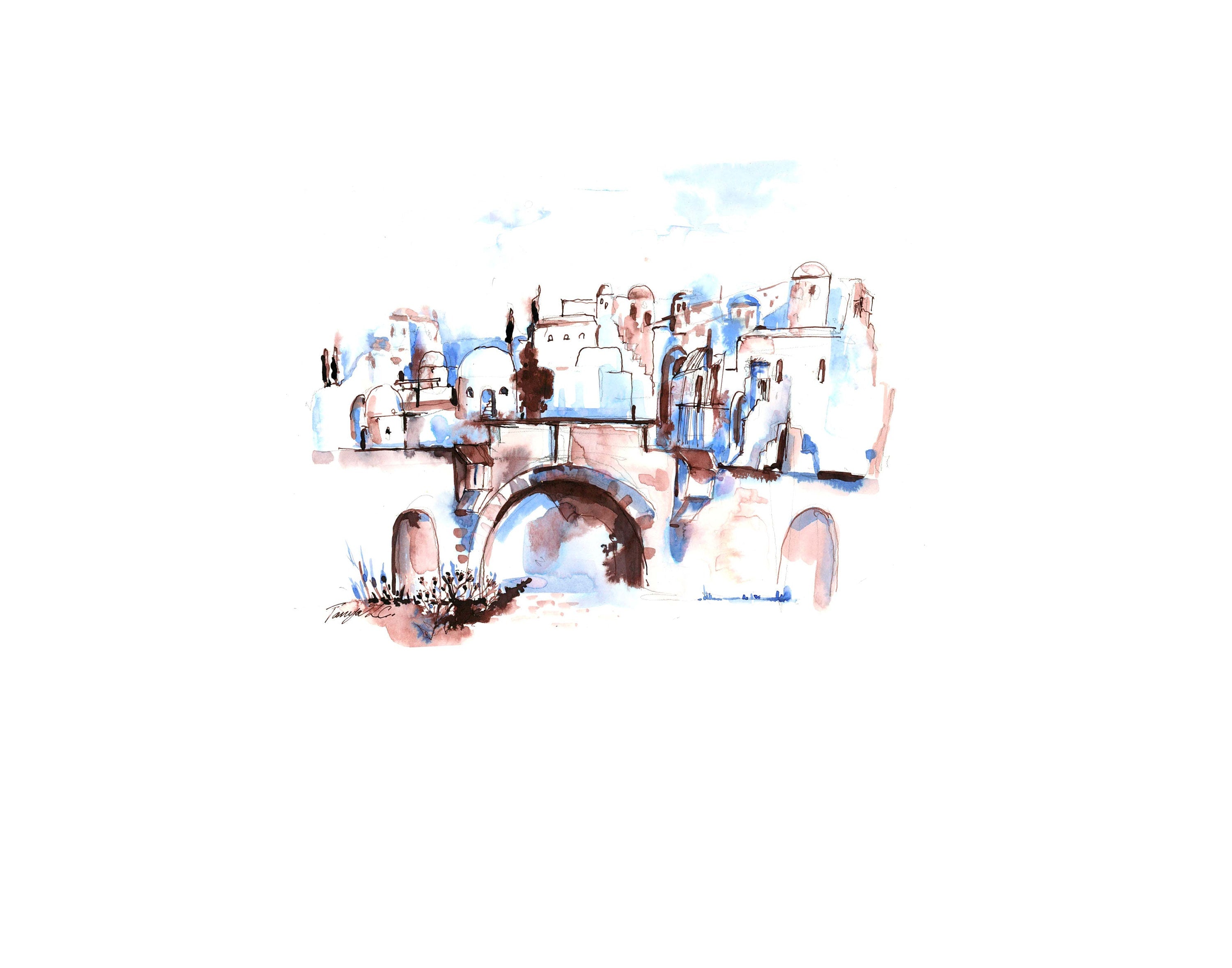 Old City Gates, Jerusalem, Jewish Art, Watercolor Inks Print 8.5x11
