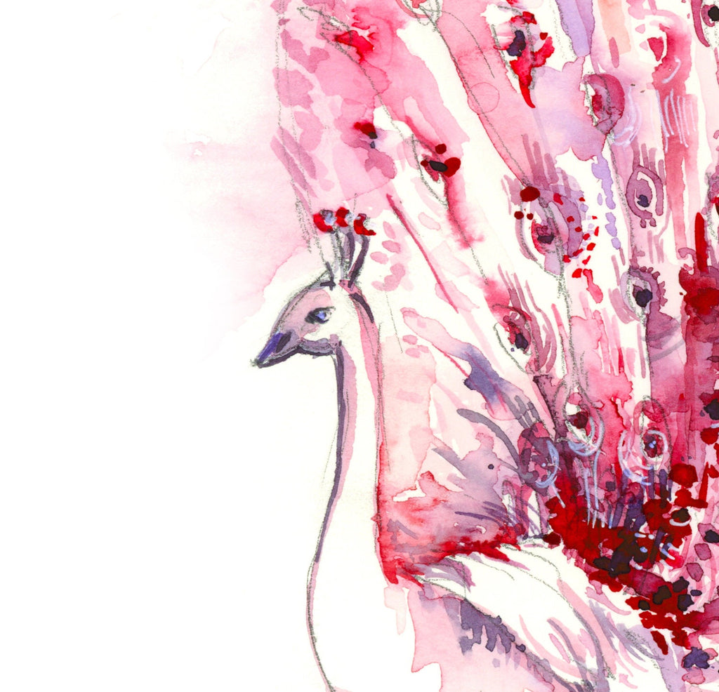 Pink Peacock Giclee Print, Watercolor Bird Art, Mother's Day Gift