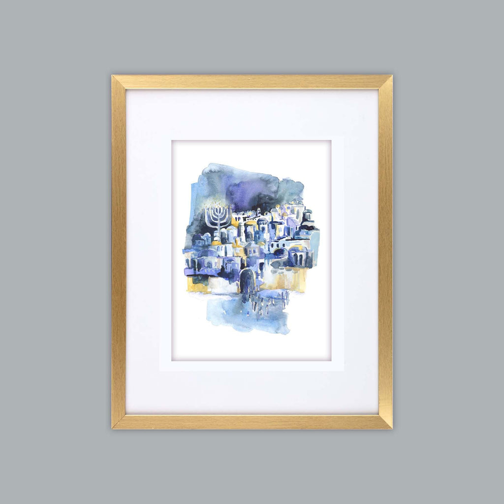 Blue Jerusalem, Watercolor Art Print of Israel, Judaica Wall Art, Signed Giclee