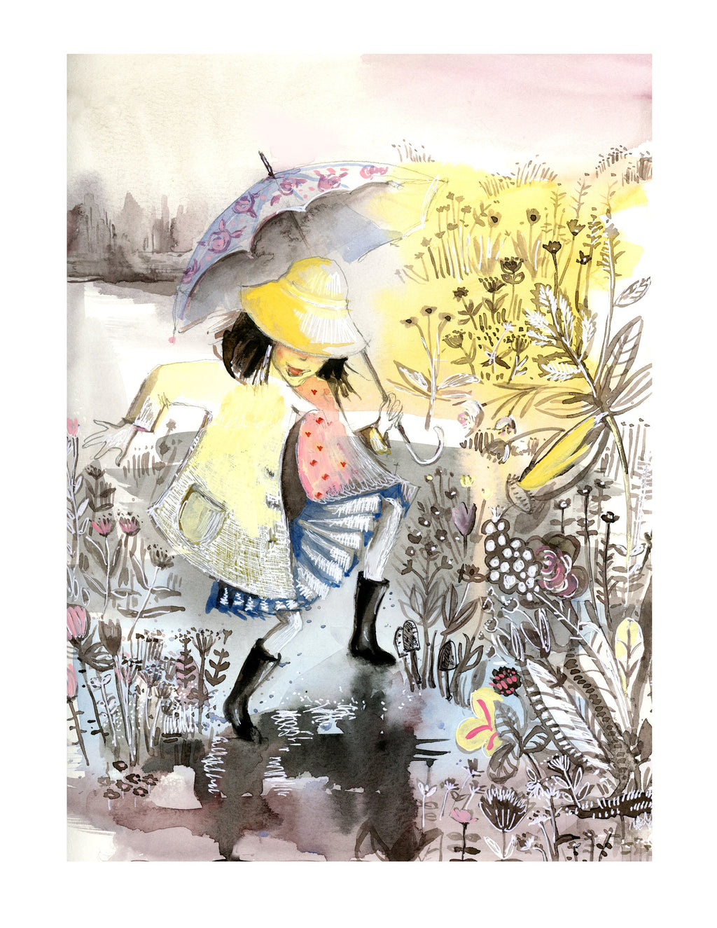 Dancing in the Rain Art Print: Children's Watercolor Illustration