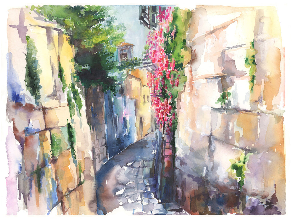 Jerusalem Street Watercolor Art Print: Jewish Wall Decor