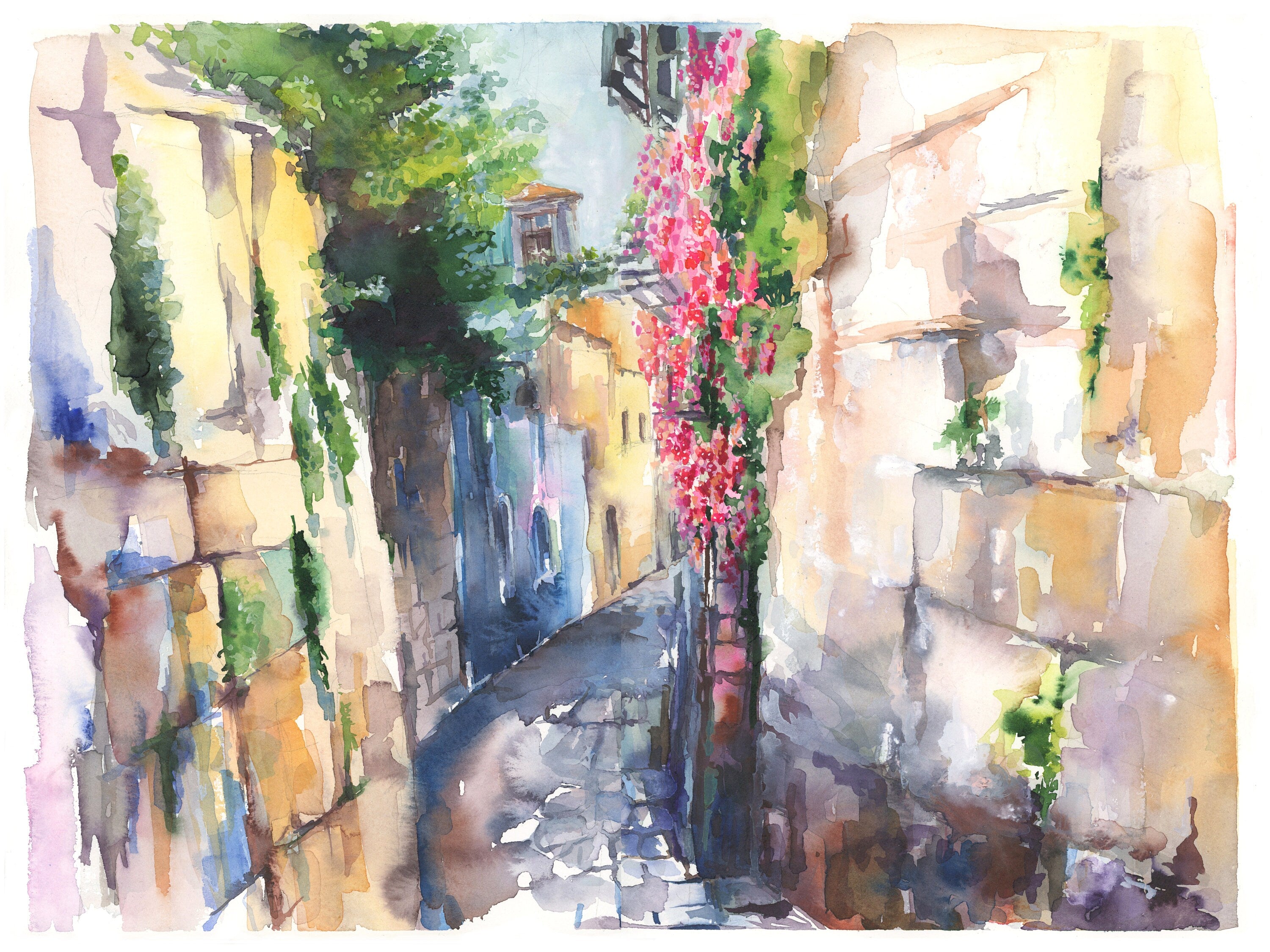 Jerusalem Street Watercolor Art Print: Jewish Wall Decor