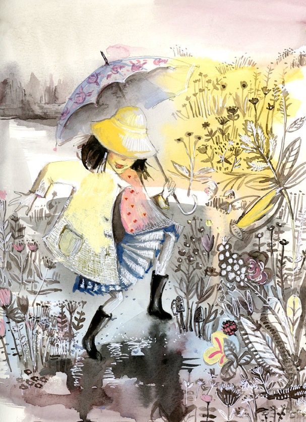 Dancing in the Rain Art Print: Children's Watercolor Illustration