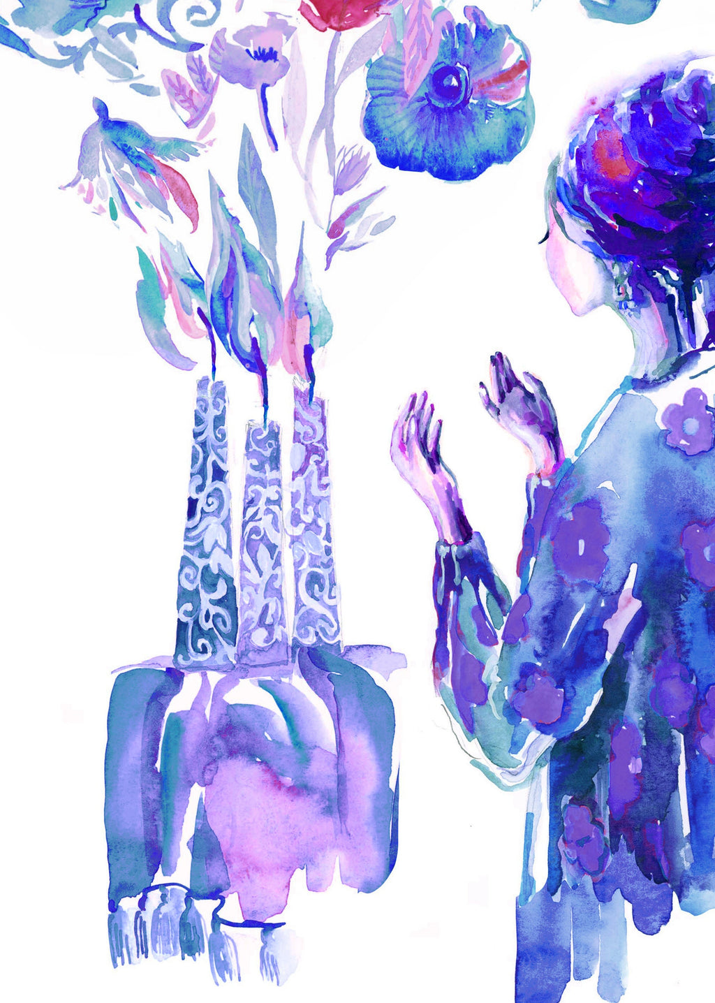 Shabbos Lights in BLUE, Watercolor Archival Print, Jewish Art Print, Shabbat Candles