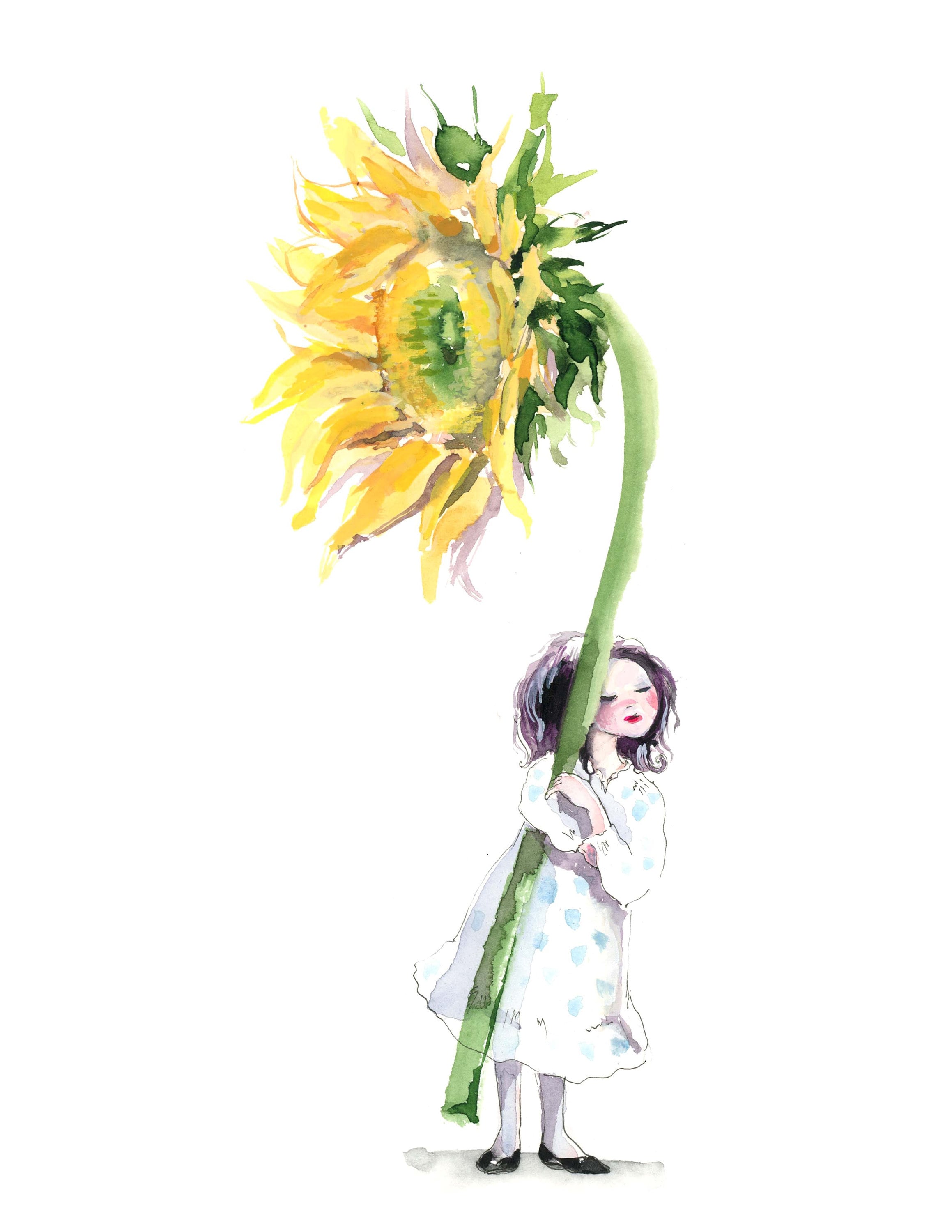 Girl with Sunflower Watercolor Art Print: Signed Giclee Illustration