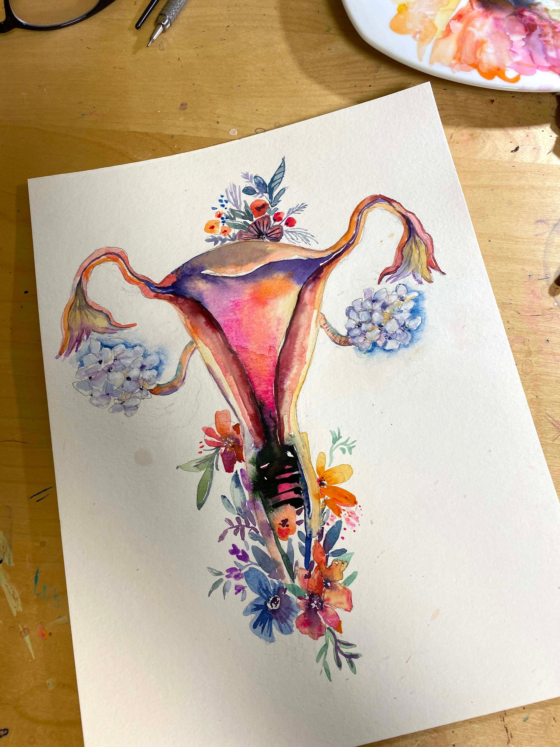 Magical Uterus, Floral Watercolor illustration. Anatomical Organs Art Print, Doctor or Nurse Wall Decor
