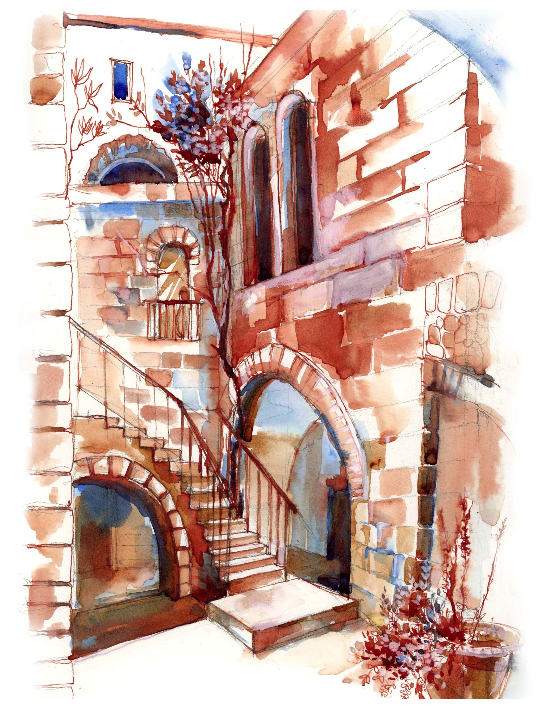 Jerusalem, Corner in the Old City, Jewish Art, Watercolor Print