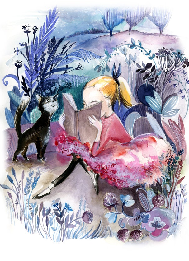 Summer Reading Art Print: Girl and Cat Illustration