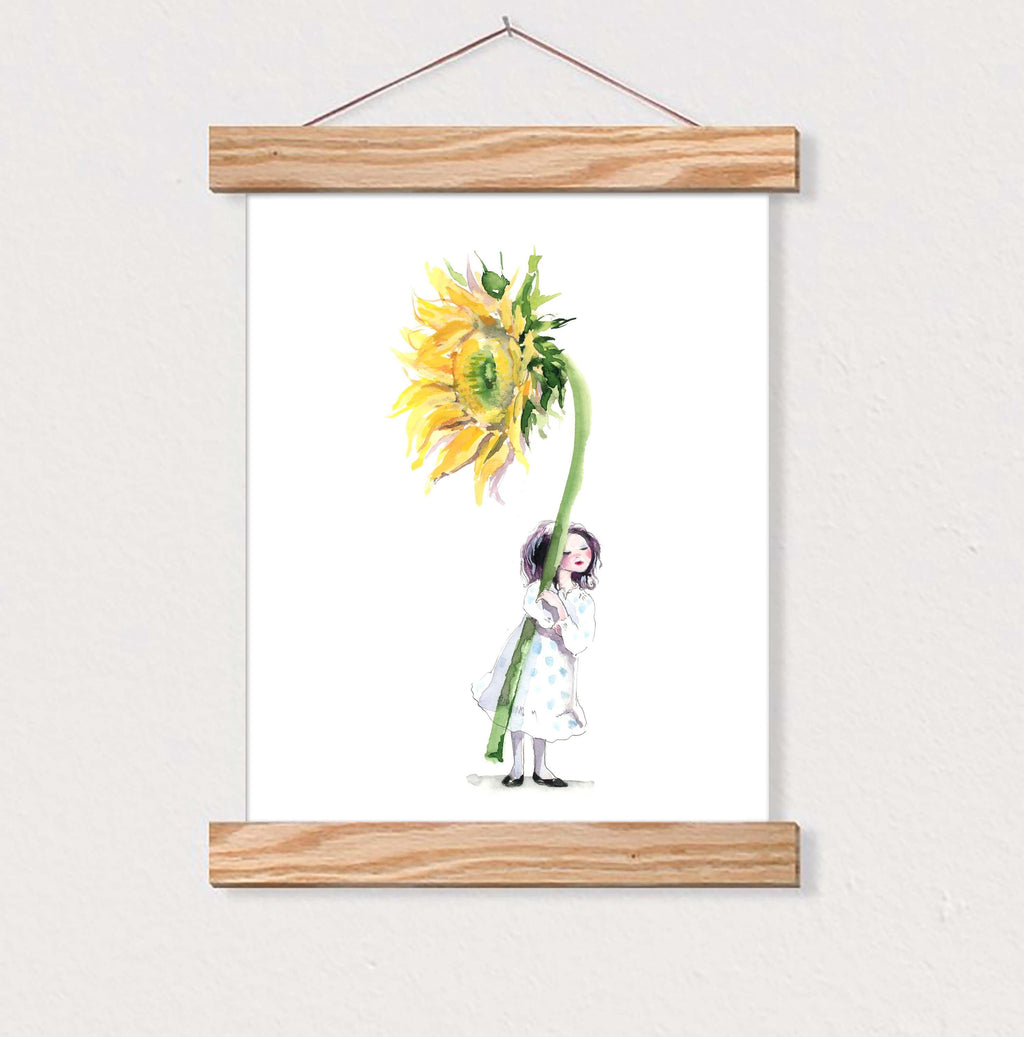 Girl with Sunflower Watercolor Art Print: Signed Giclee Illustration
