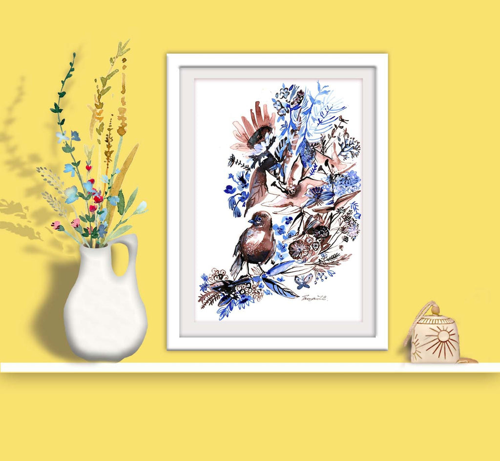 Watercolor Bird Print: Blue Floral Ink Giclee Art