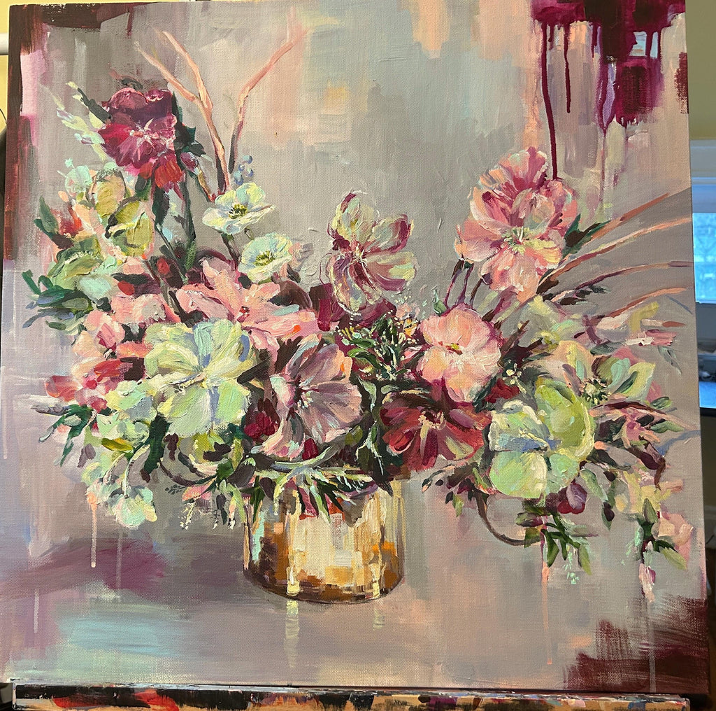 Lime and Garnet Blooms, Original Painting, Acrylic on Canvas