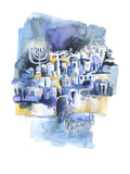 Blue Jerusalem, Watercolor Art Print of Israel, Judaica Wall Art, Signed Giclee