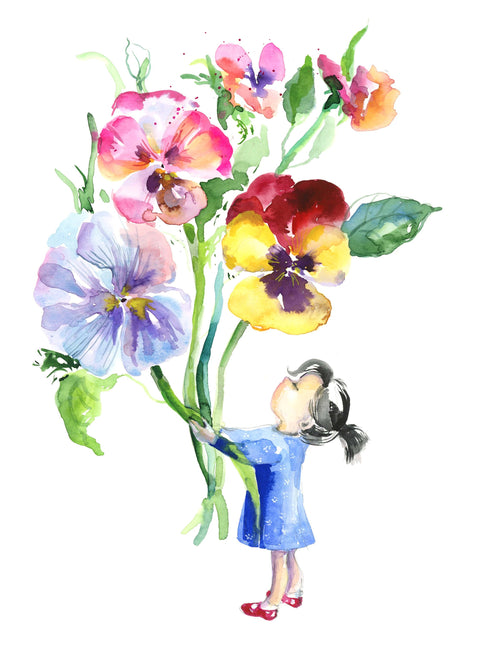 Cute Watercolor Floral Illustration, Girl with Flowers Art Print, Child Room Wall Decor