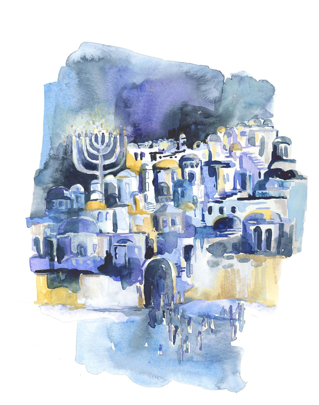 Blue Jerusalem, Watercolor Art Print of Israel, Judaica Wall Art, Signed Giclee