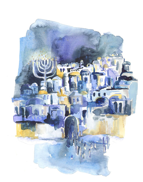 Blue Jerusalem, Watercolor Art Print of Israel, Judaica Wall Art, Signed Giclee