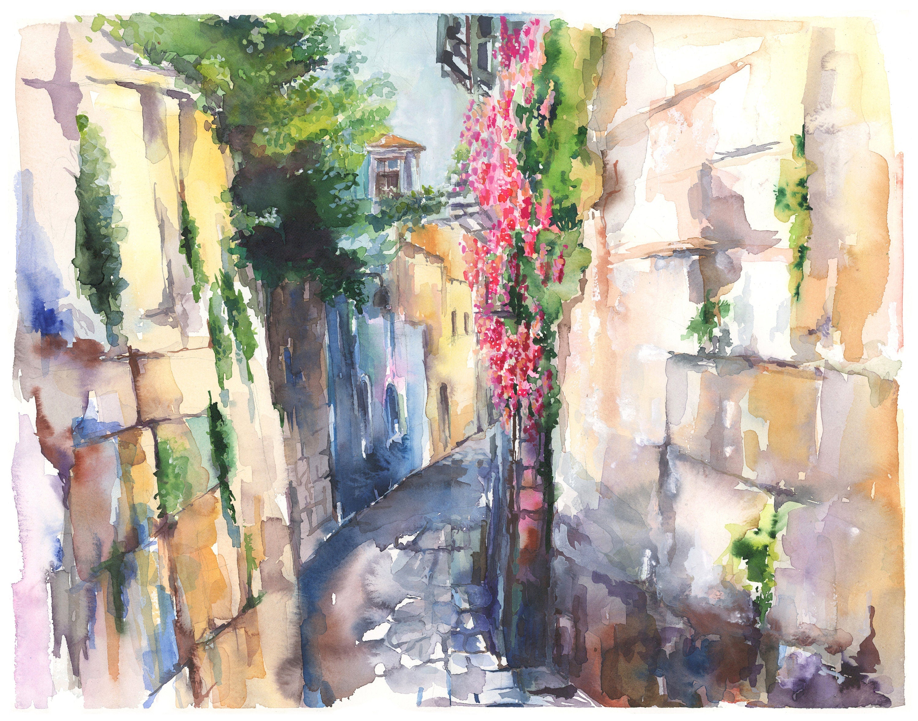 Jerusalem Street Watercolor Art Print: Jewish Wall Decor