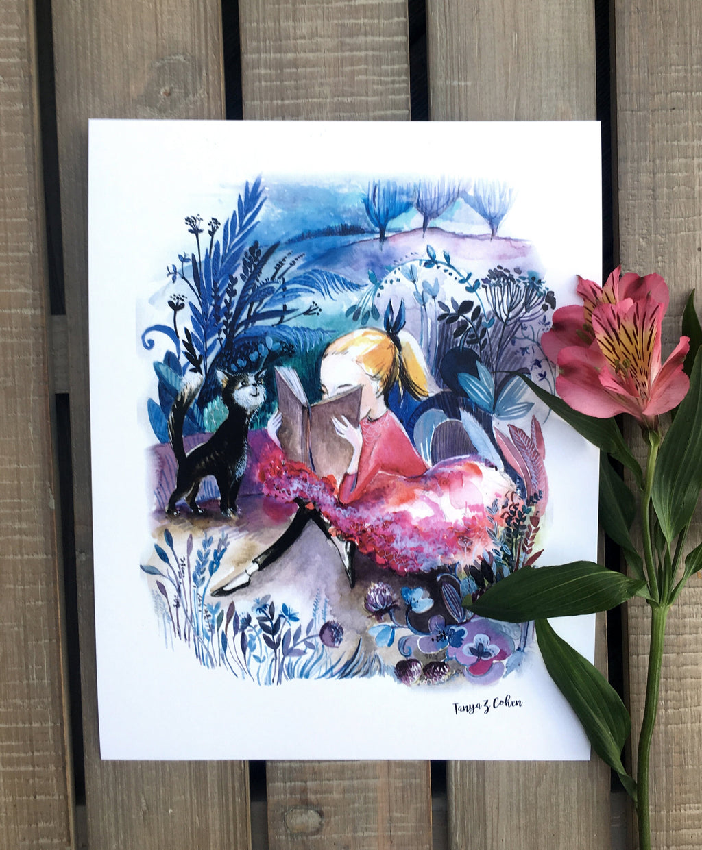 Summer Reading Art Print: Girl and Cat Illustration