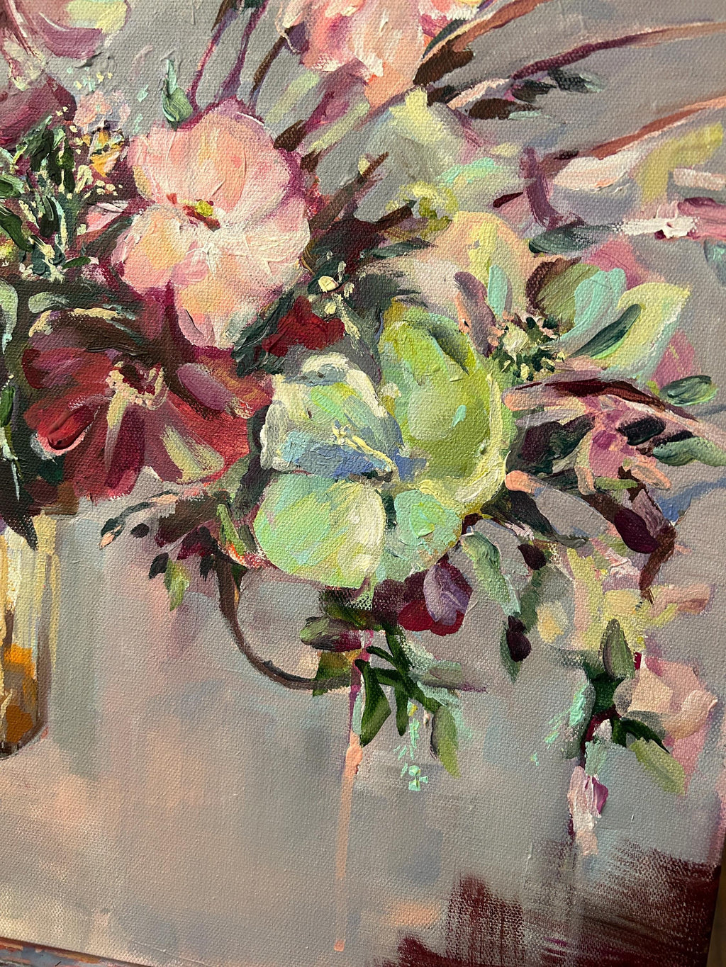 Lime and Garnet Blooms, Original Painting, Acrylic on Canvas