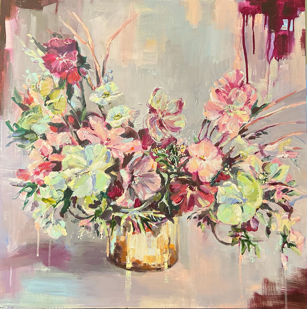 Lime and Garnet Blooms, Original Painting, Acrylic on Canvas