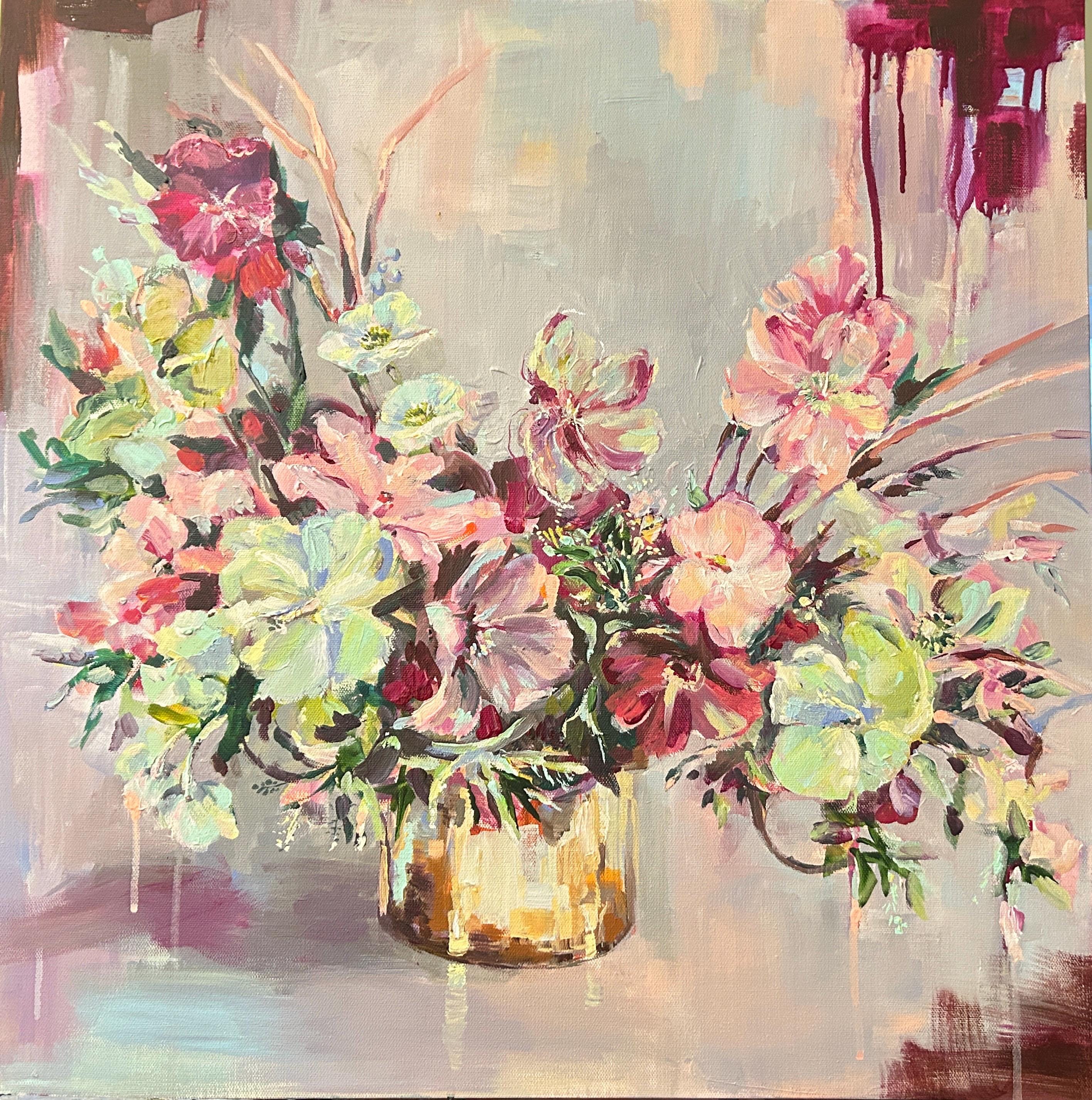 Lime and Garnet Blooms, Original Painting, Acrylic on Canvas