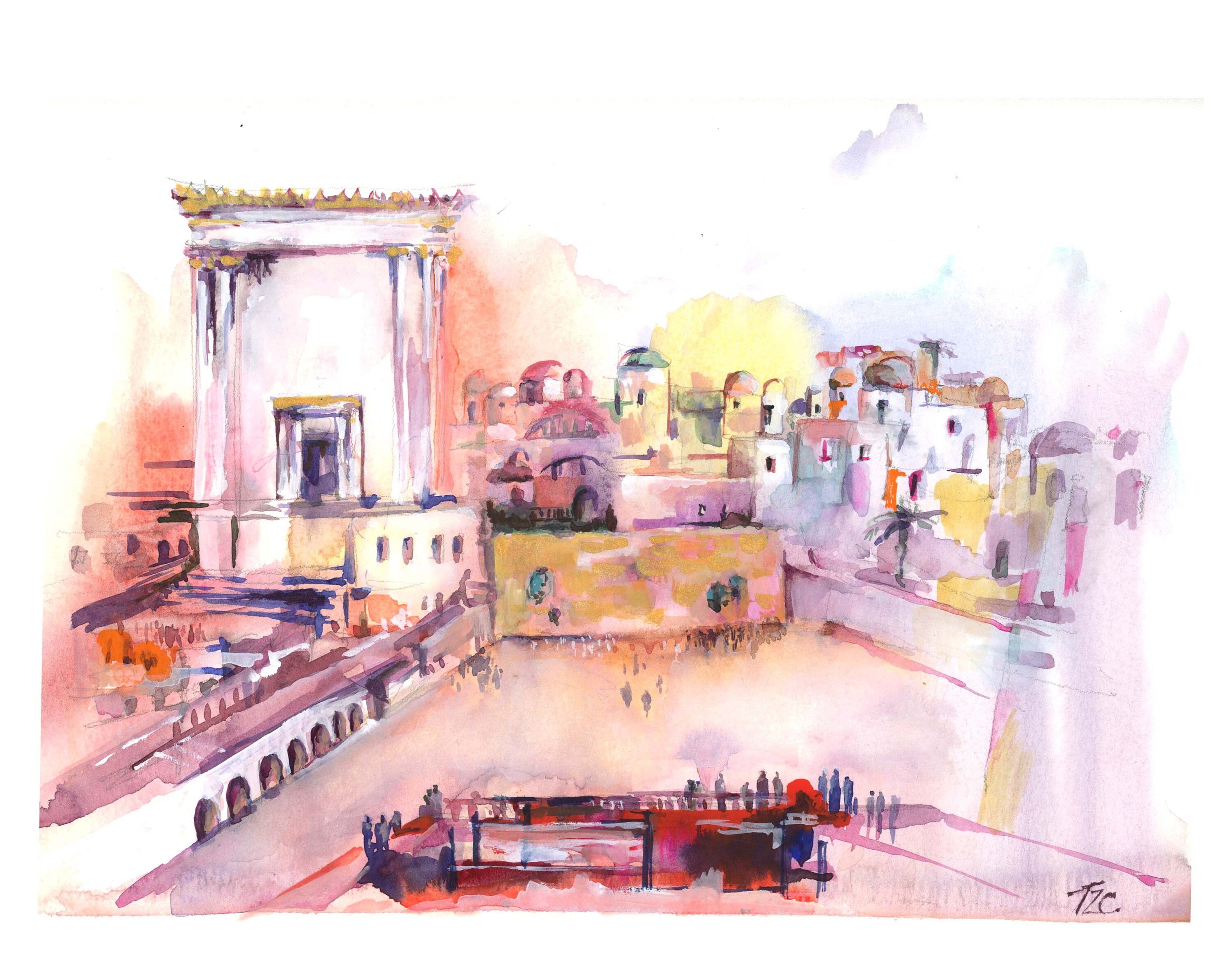 Third Temple Watercolor Art Print: Jewish Wall Decor