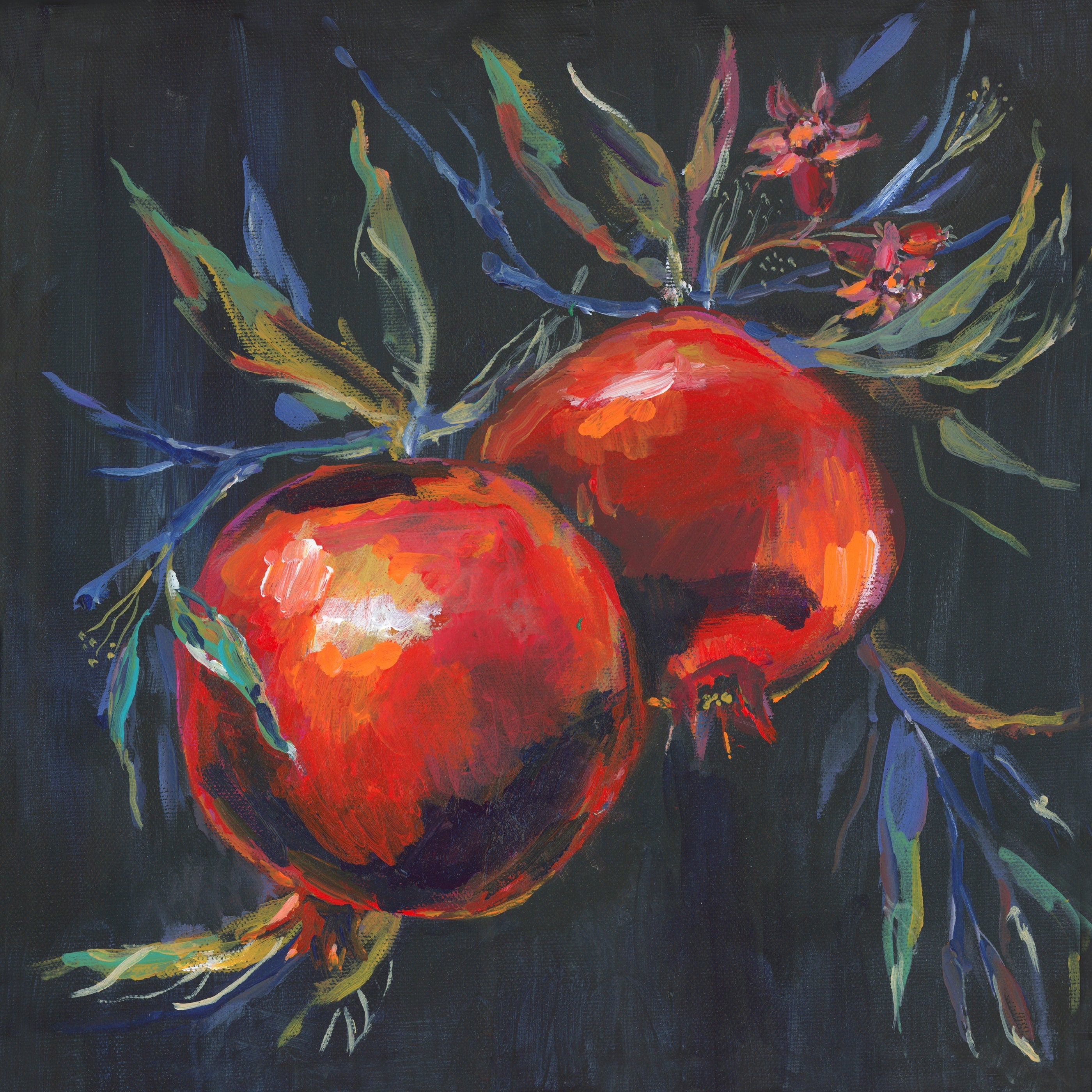 Original Pomegranate Painting: Red Acrylic Still Life, Jewish Art