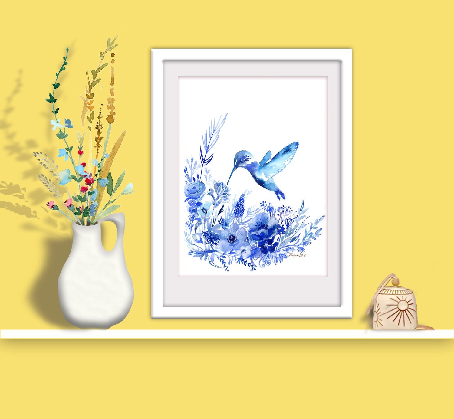 Blue Hummingbird Watercolor Art Print: Signed Giclee Archival Ink