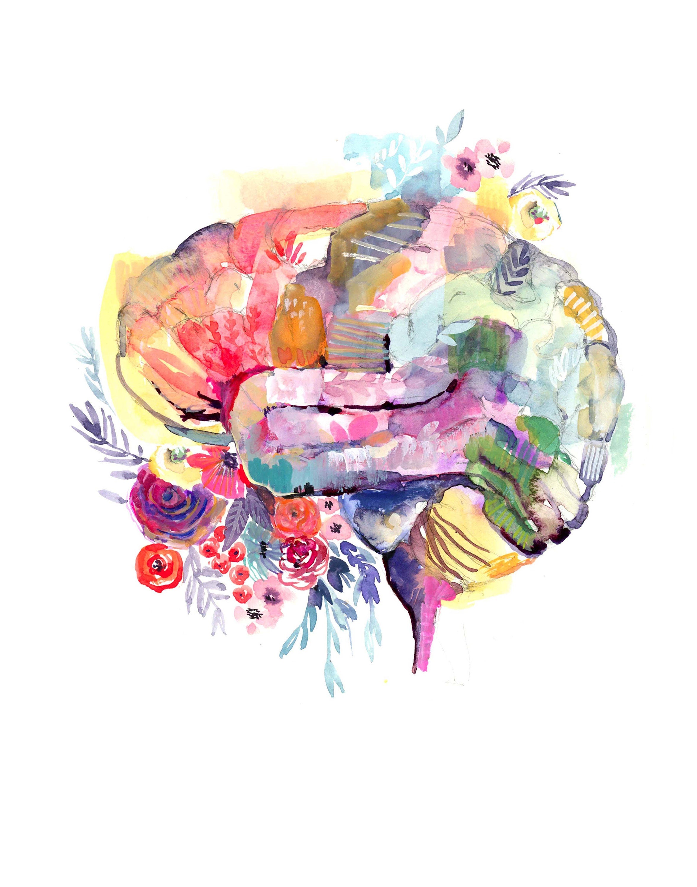 Mysterious Brain, Watercolor illustration. Anatomical interpretation Brain Art Print