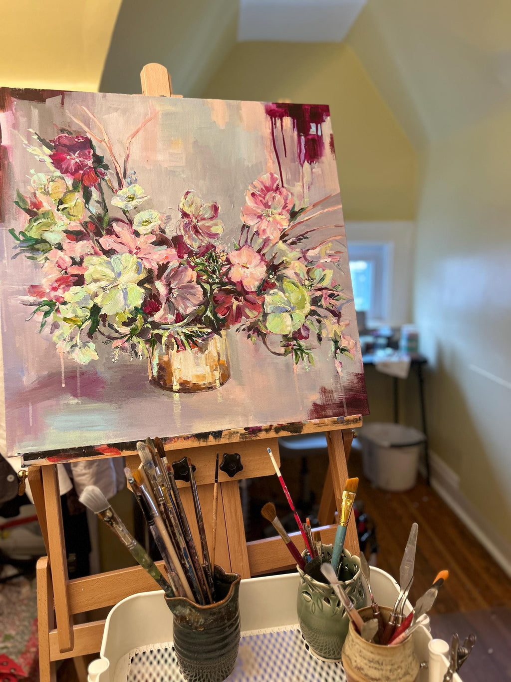 Lime and Garnet Blooms, Original Painting, Acrylic on Canvas