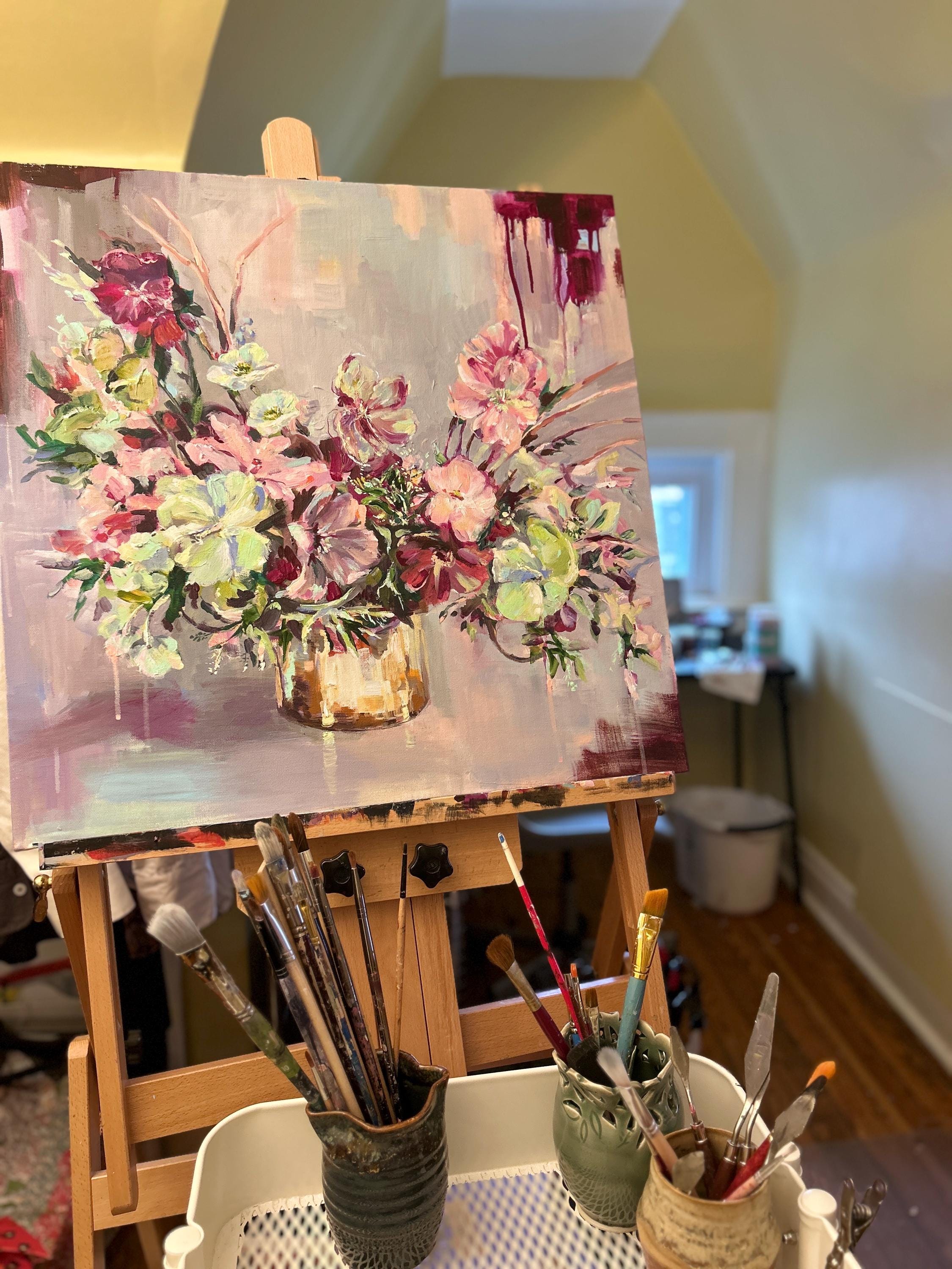 Lime and Garnet Blooms, Original Painting, Acrylic on Canvas