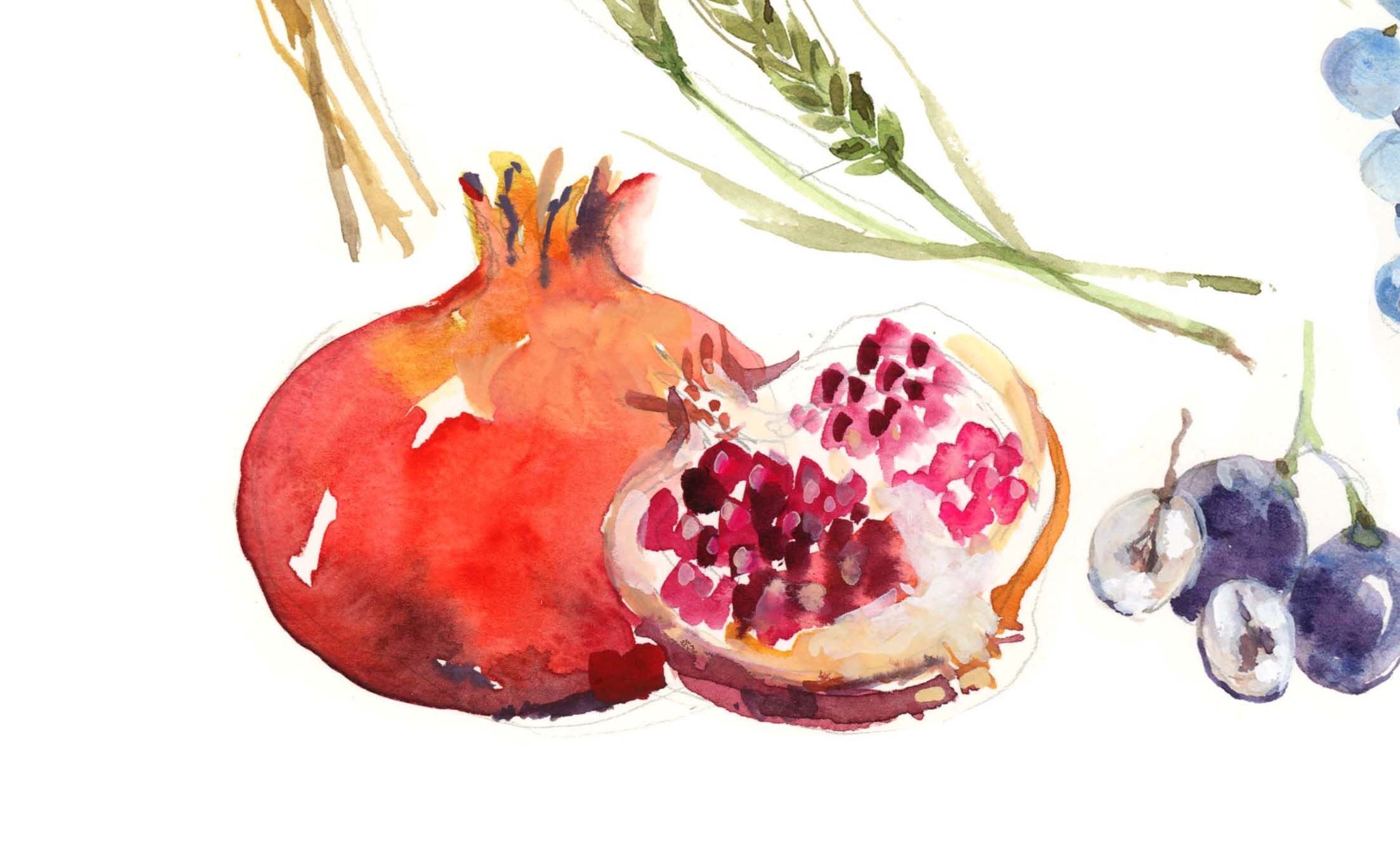 Judaica Art Print, Fruits of Israel Illustration, Shevas Haminim Watercolor Illustration, Jewish Wall Decor