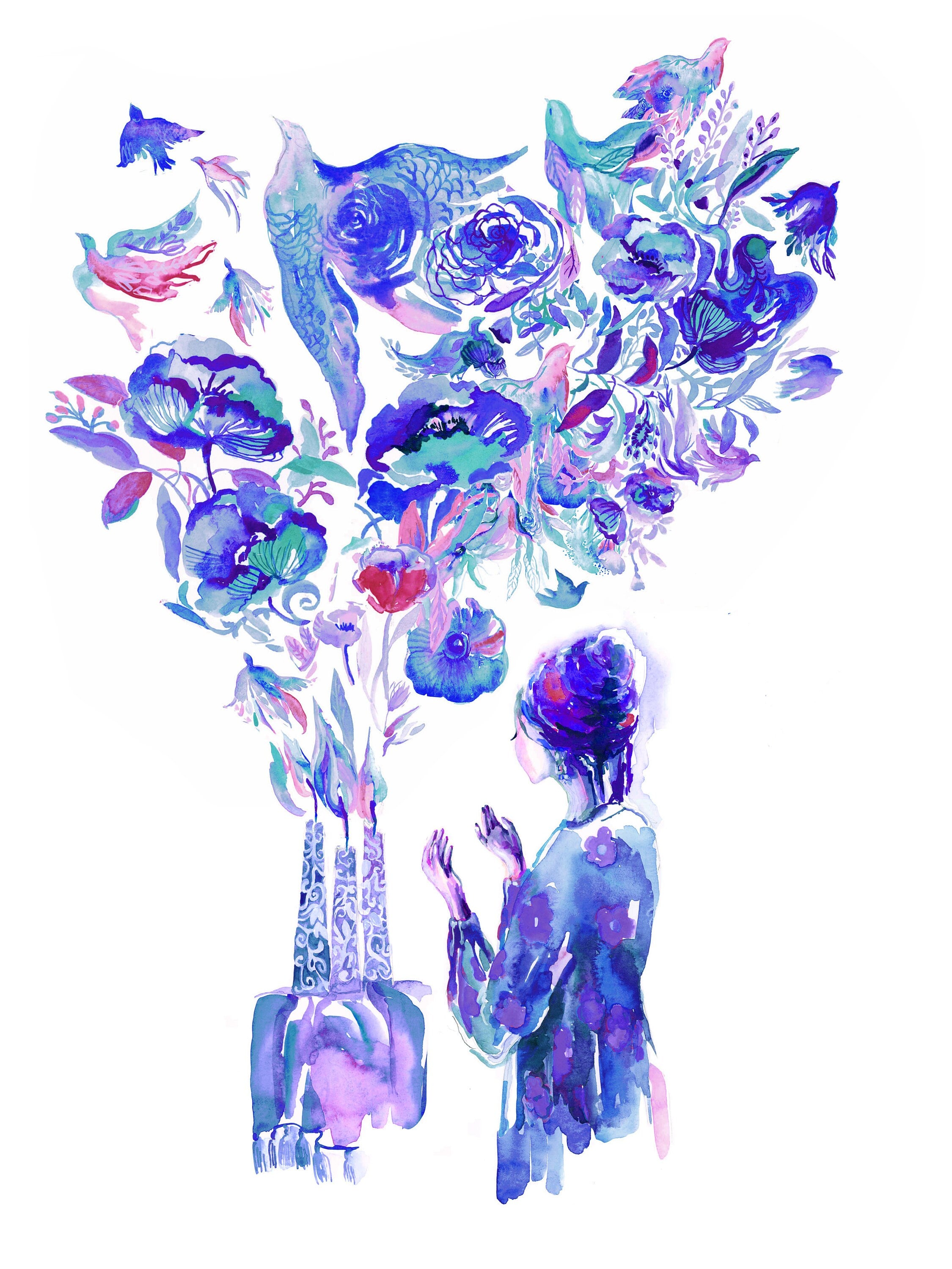 Shabbos Lights in BLUE, Watercolor Archival Print, Jewish Art Print, Shabbat Candles