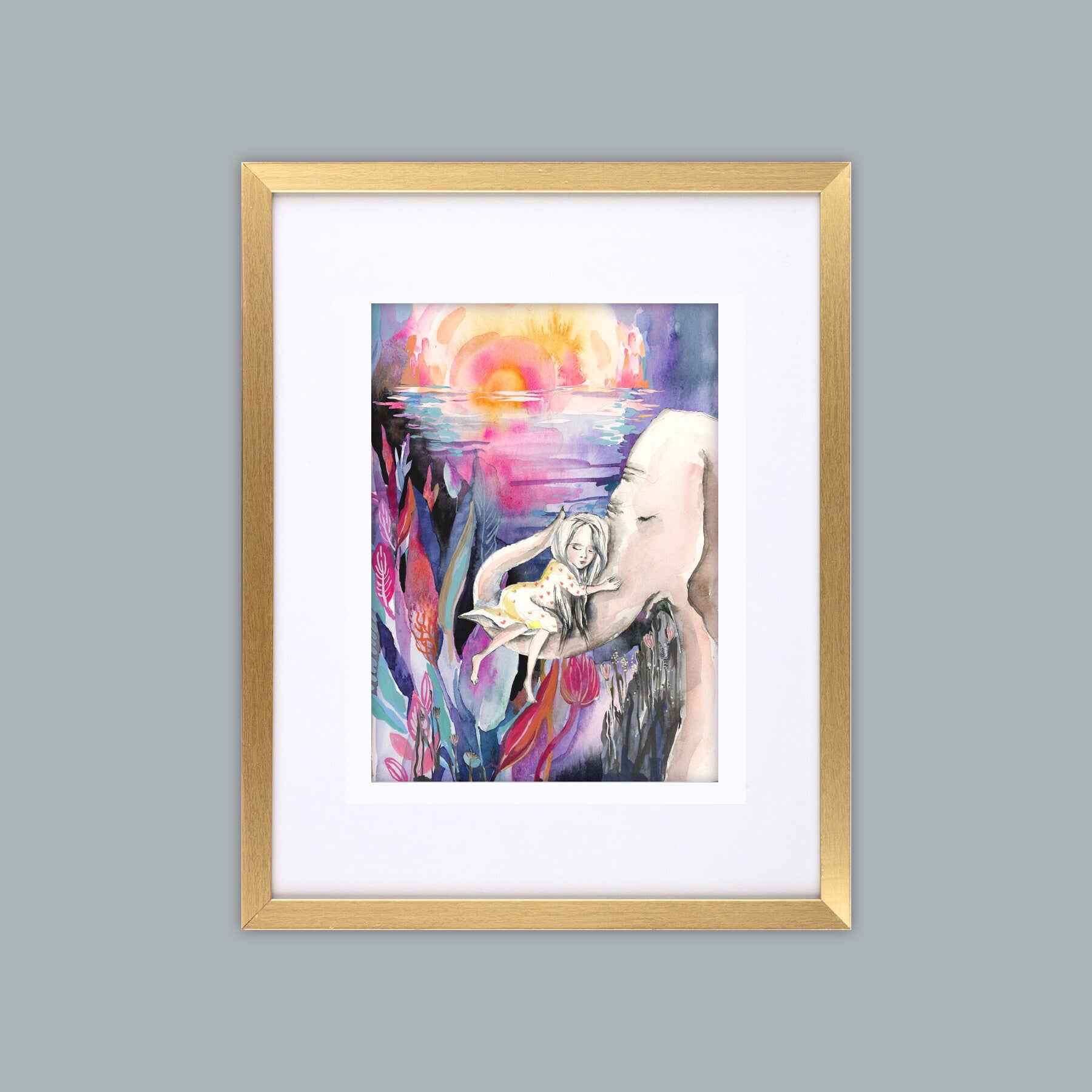 Girl and Elephant Watercolor Print: I Am Safe Giclee Art