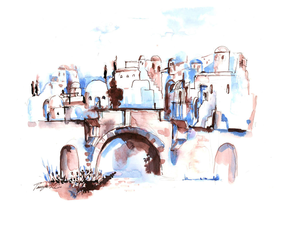 Old City Gates, Jerusalem, Jewish Art, Watercolor Inks Print 8.5x11