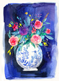 Floral Watercolor Art Print: Roses in Blue Vase