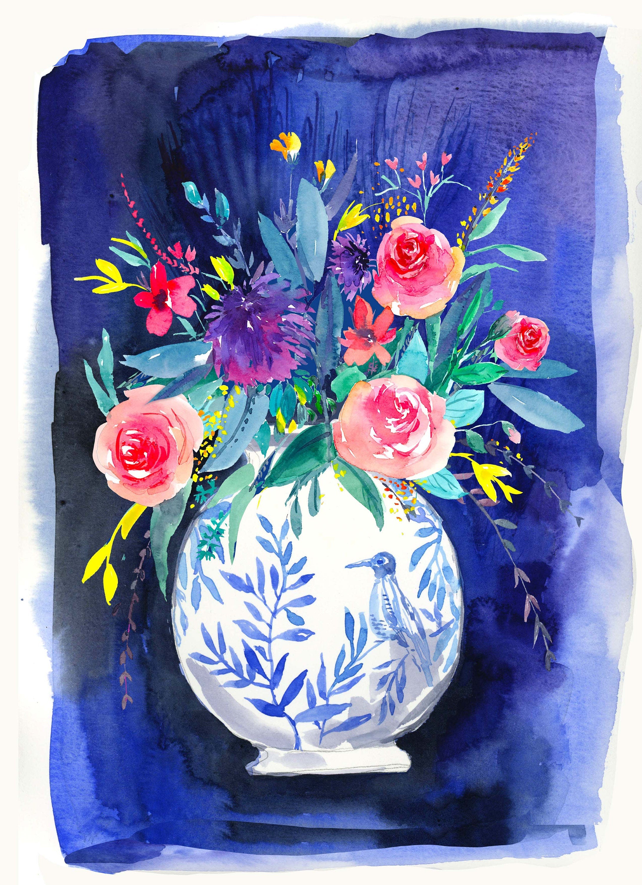 Floral Watercolor Art Print: Roses in Blue Vase