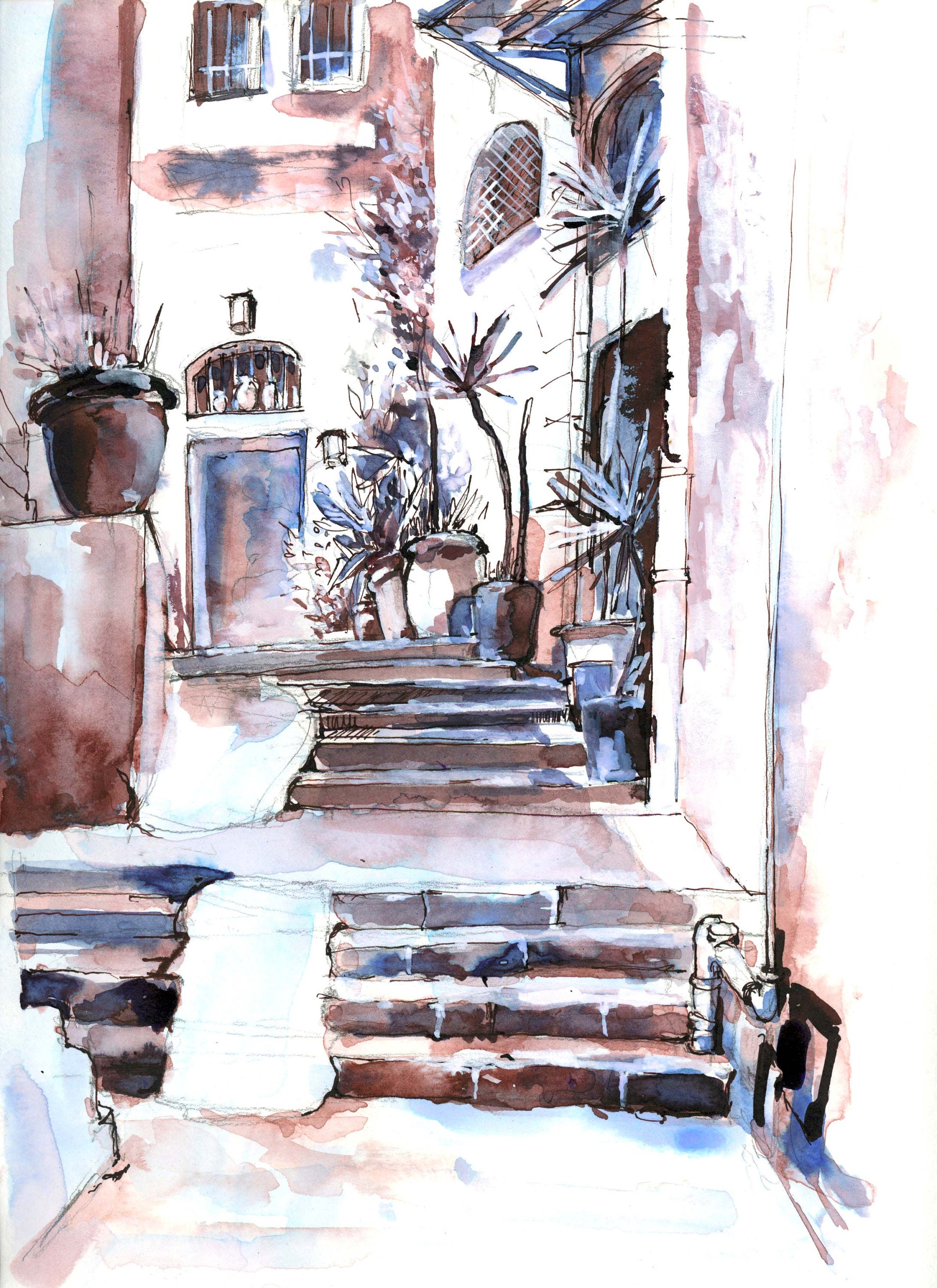 Jerusalem Art Print, Jewish Watercolor Wall Art, Old City Steps