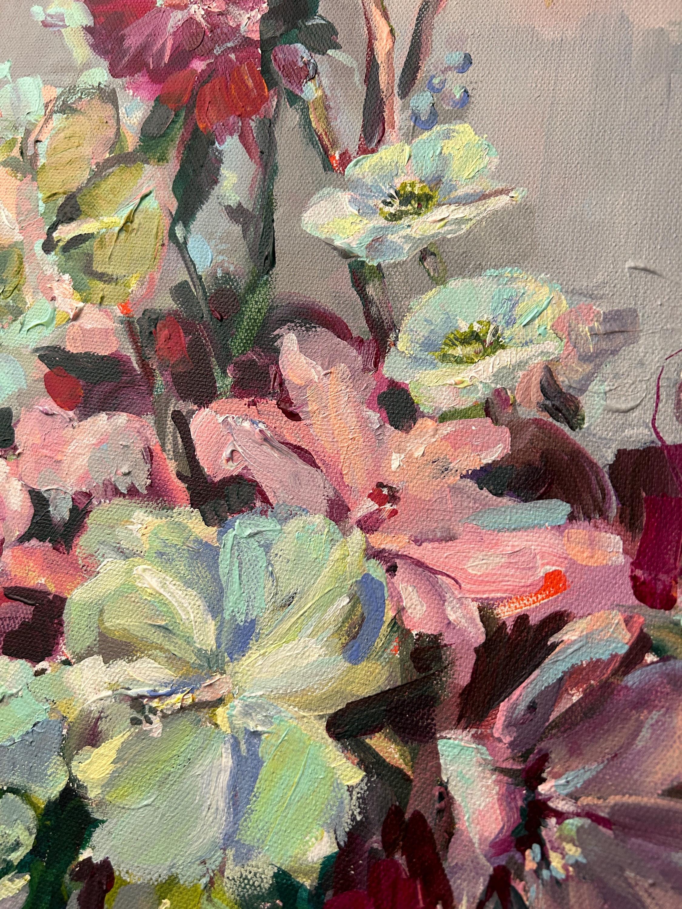 Lime and Garnet Blooms, Original Painting, Acrylic on Canvas