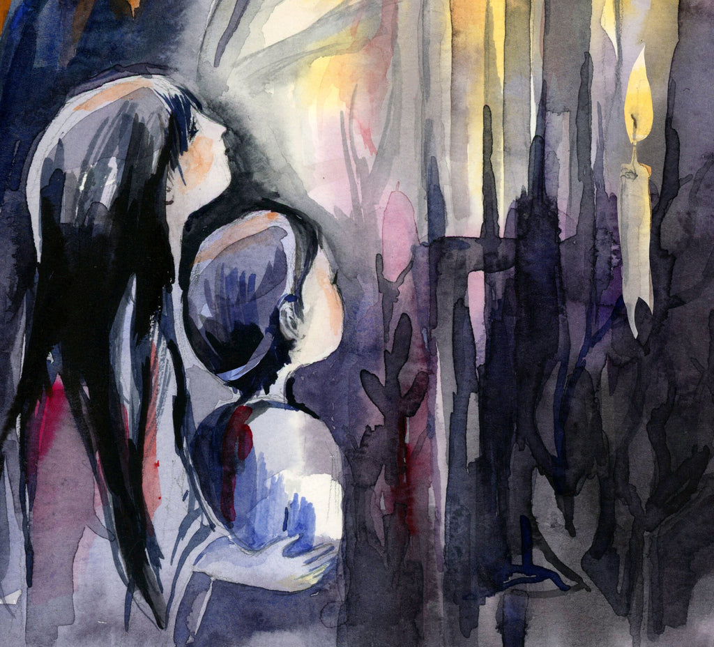 Shabbos Kodesh Art Print: Jewish Mother and Children Watercolor Giclee