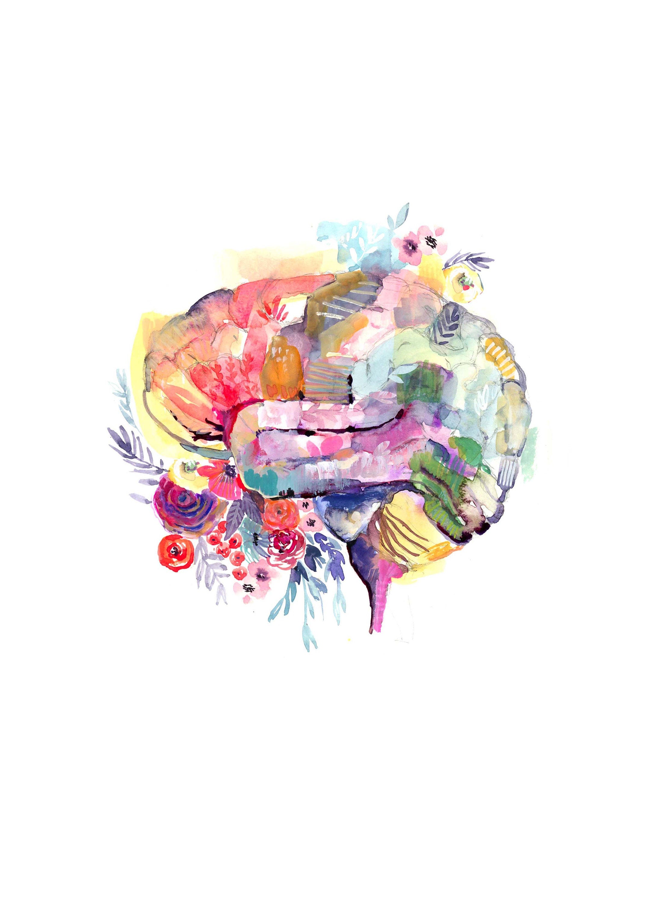 Mysterious Brain, Watercolor illustration. Anatomical interpretation Brain Art Print