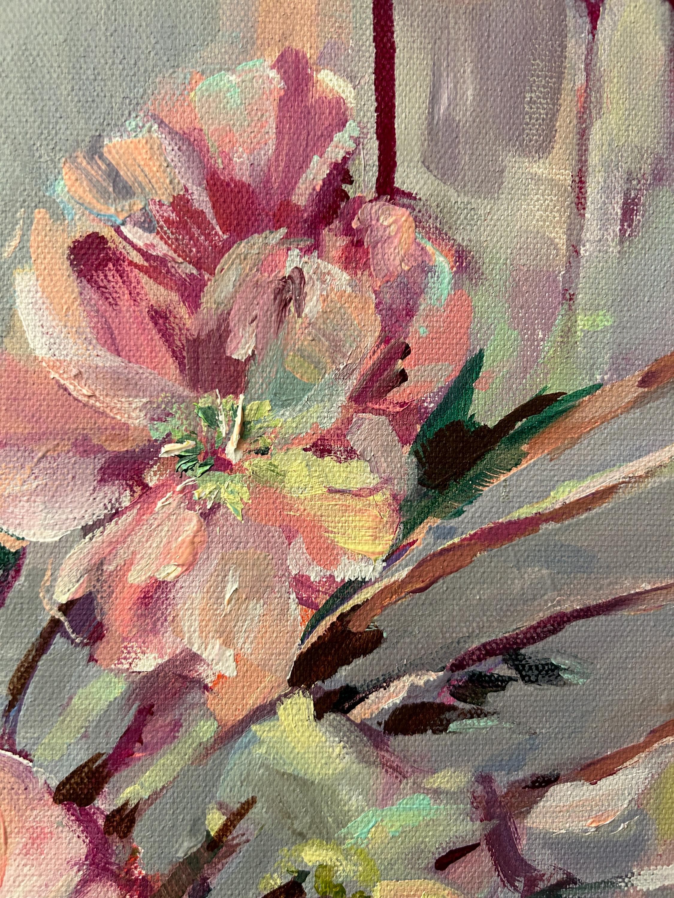 Lime and Garnet Blooms, Original Painting, Acrylic on Canvas