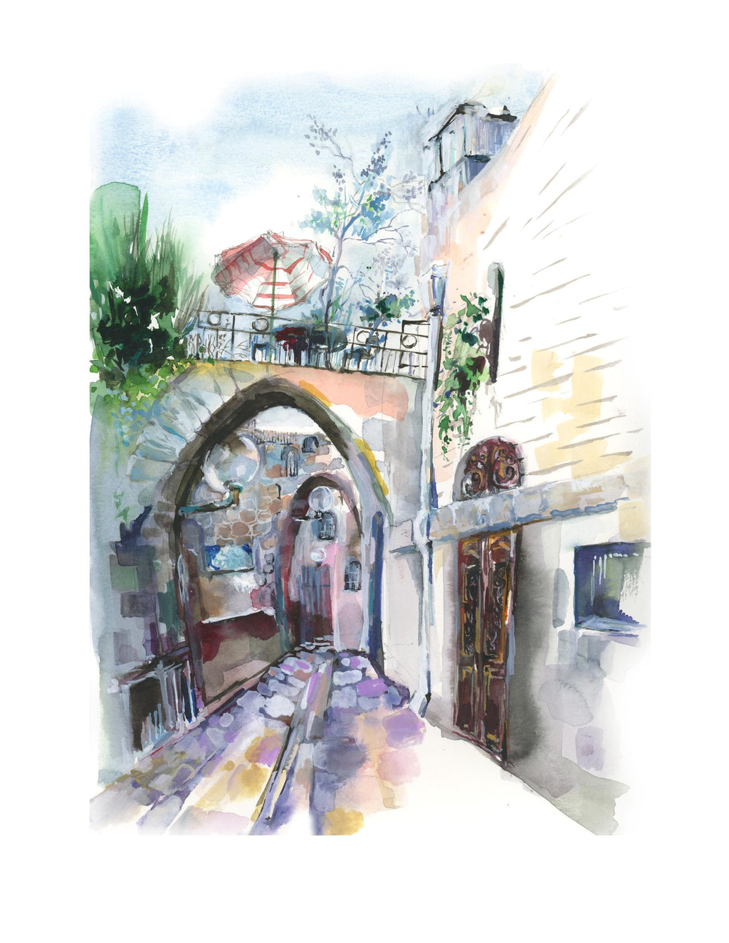 Old Jaffa Watercolor Print: Jewish Art, Israel Cityscape